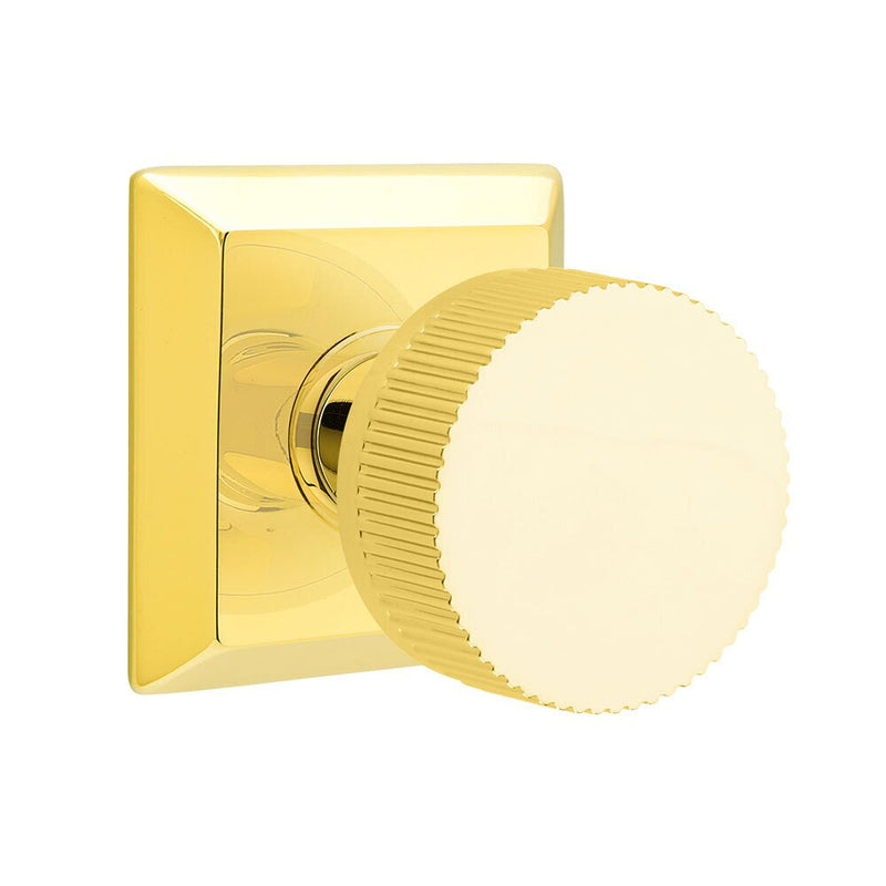 Emtek Privacy Select Conical Straight Knurled Knob with Quincy Rosette in Unlacquered Brass finish
