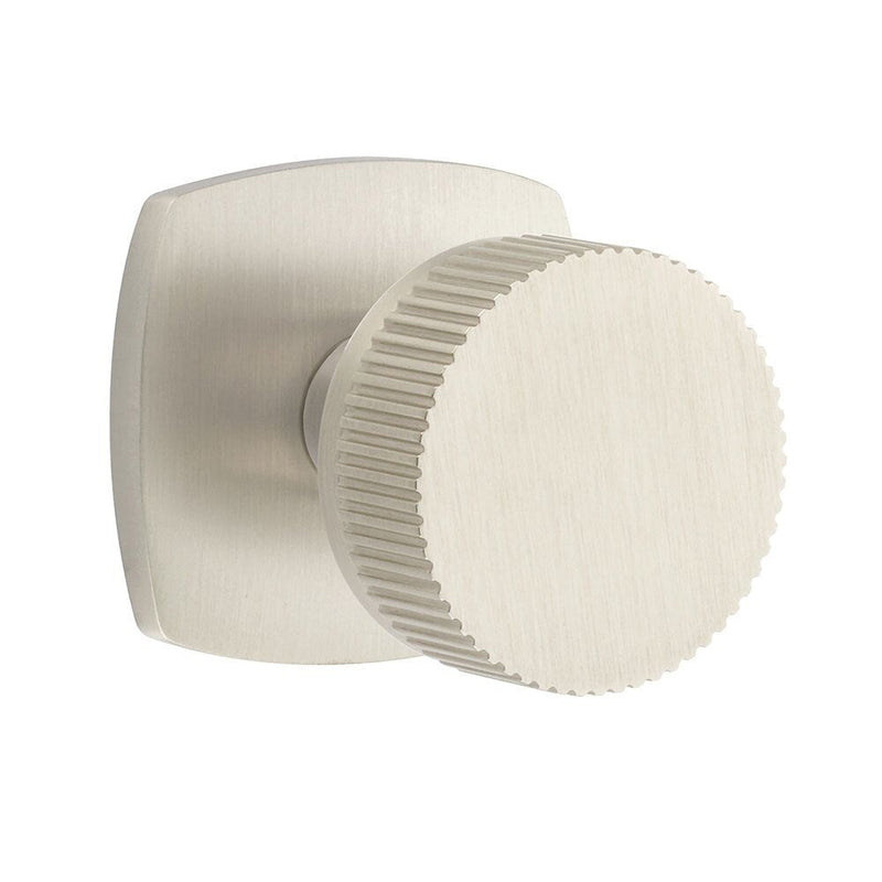 Emtek Privacy Select Conical Straight Knurled Knob with Urban Modern Rosette in Satin Nickel finish