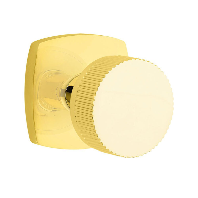 Emtek Privacy Select Conical Straight Knurled Knob with Urban Modern Rosette in Unlacquered Brass finish