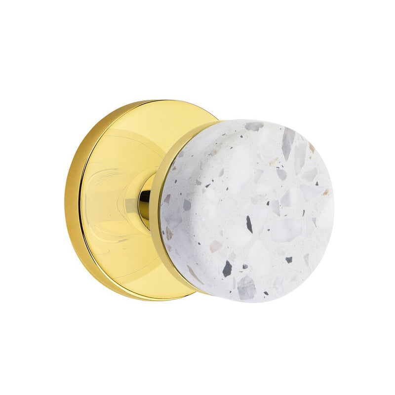 Emtek Privacy Select Conical Terrazzo Knob with Disk Rosette in Unlacquered Brass finish