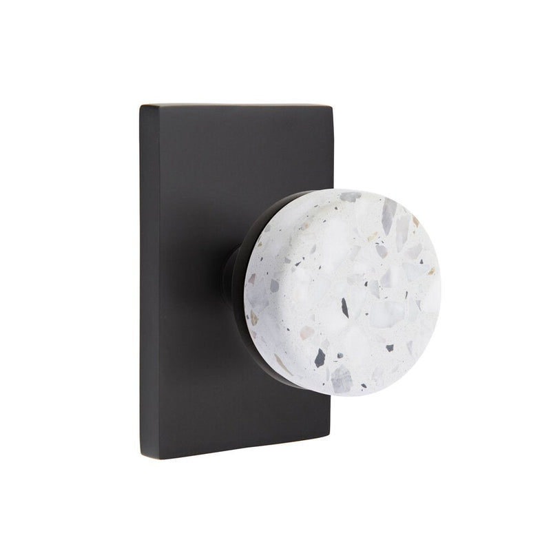 Emtek Privacy Select Conical Terrazzo Knob with Modern Rectangular Rosette in Flat Black finish