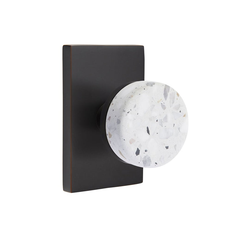 Emtek Privacy Select Conical Terrazzo Knob with Modern Rectangular Rosette in Oil Rubbed Bronze finish