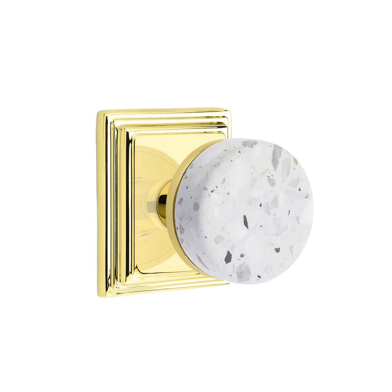 Emtek Privacy Select Conical Terrazzo Knob with Wilshire Rosette in Unlacquered Brass finish