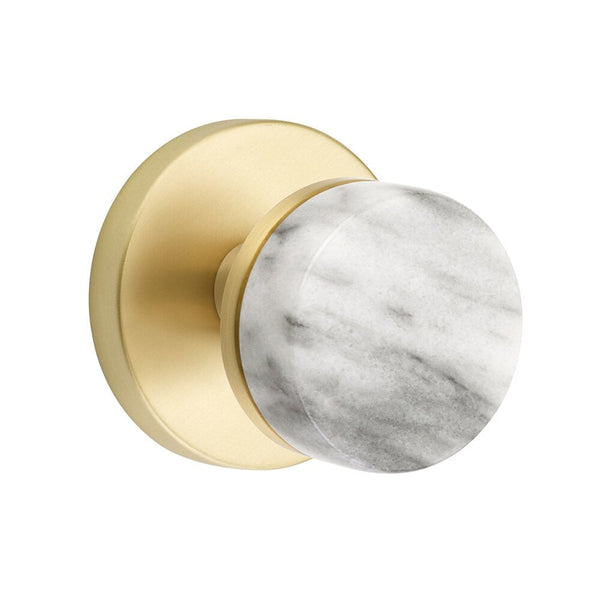 Emtek Privacy Select Conical White Marble Knob with Disk Rosette in Satin Brass finish