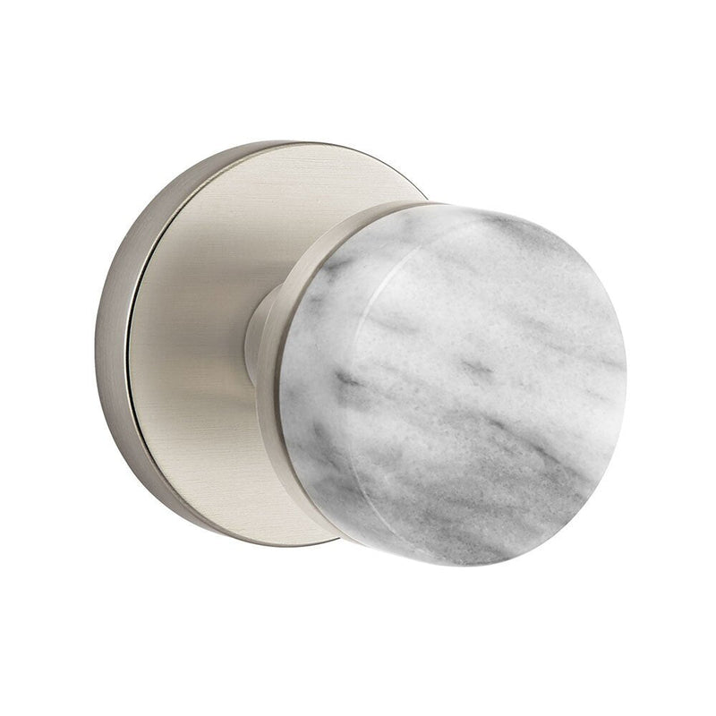 Emtek Privacy Select Conical White Marble Knob with Disk Rosette in Satin Nickel finish