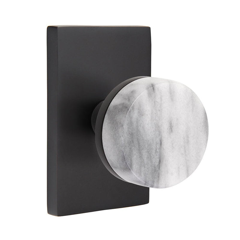 Emtek Privacy Select Conical White Marble Knob with Modern Rectangular Rosette in Flat Black finish