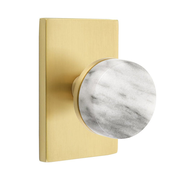 Emtek Privacy Select Conical White Marble Knob with Modern Rectangular Rosette in Satin Brass finish