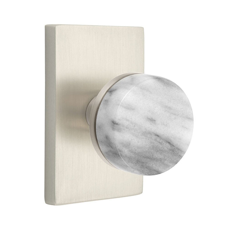 Emtek Privacy Select Conical White Marble Knob with Modern Rectangular Rosette in Satin Nickel finish
