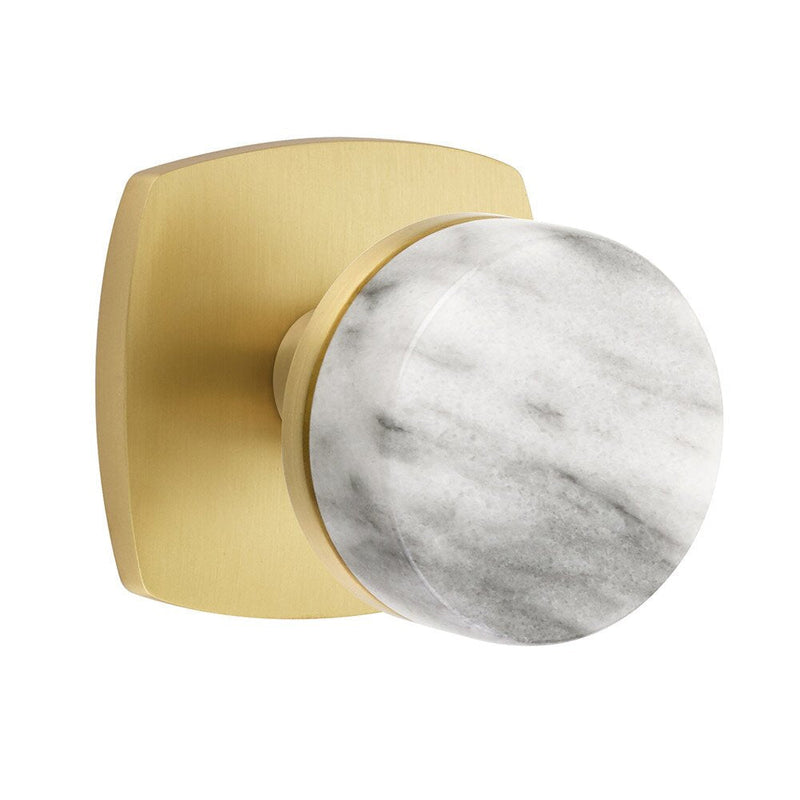Emtek Privacy Select Conical White Marble Knob with Urban Modern Rosette in Satin Brass finish