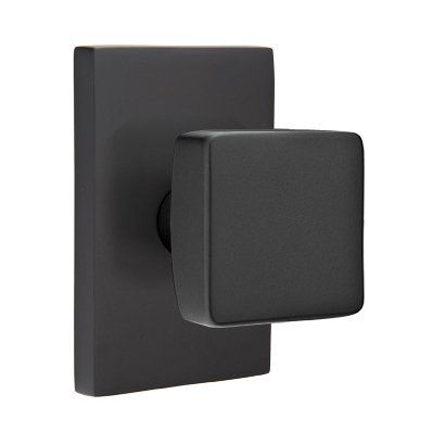 Emtek Privacy Square Knob With Modern Rectangular Rosette in Flat Black finish