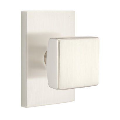 Emtek Privacy Square Knob With Modern Rectangular Rosette in Satin Nickel finish