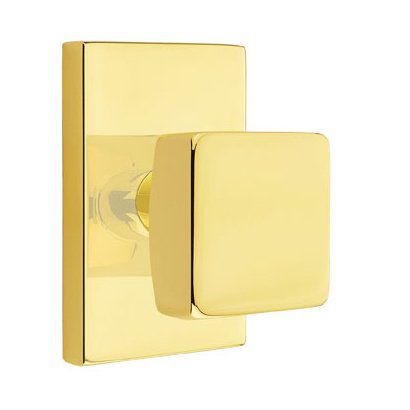 Emtek Privacy Square Knob With Modern Rectangular Rosette in Unlacquered Brass finish