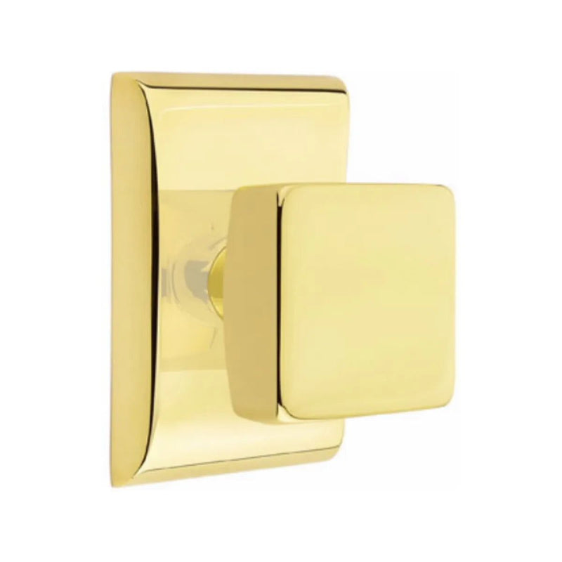 Emtek Privacy Square Knob With Neos Rosette in Unlacquered Brass finish