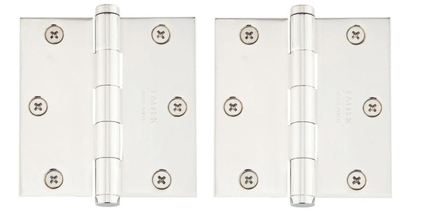 Emtek Residential Duty Solid Brass Plain Bearing Hinge, 3.5" x 3.5" with Square Corners in Lifetime Polished Nickel finish