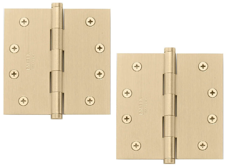 Emtek Residential Duty Solid Brass Plain Bearing Hinge, 4" x 4" with Square Corners in Satin Brass finish