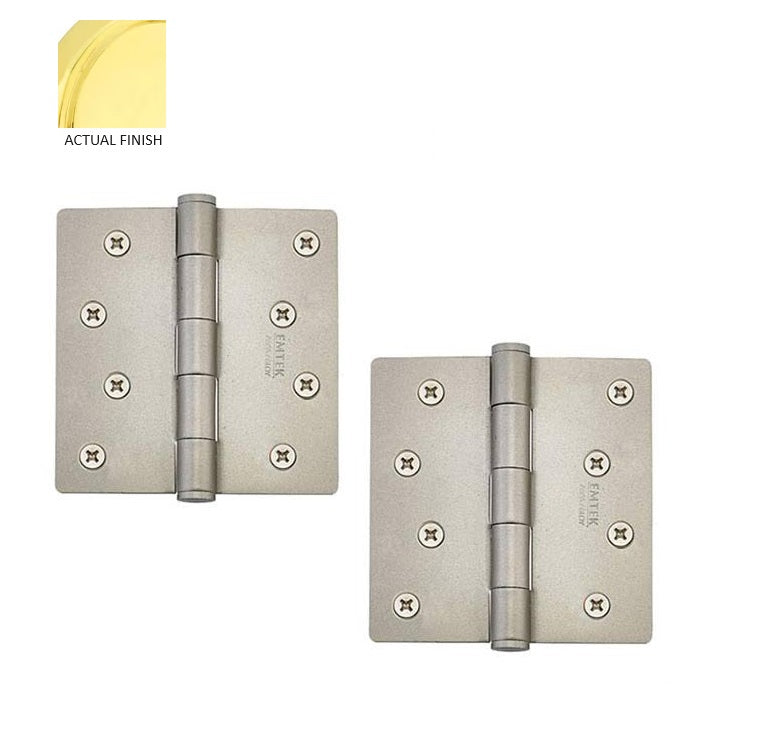 Emtek Residential Duty Steel Plain Bearing Hinge, 4" x 4" with 1/4" Radius Corners in Polished Brass finish