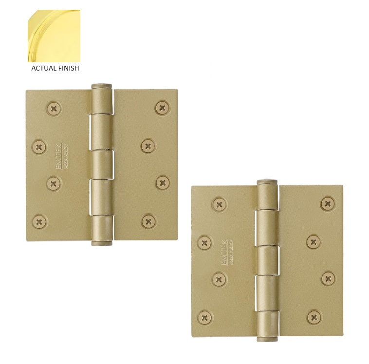 Emtek Residential Duty Steel Plain Bearing Hinge, 4" x 4" with Square Corners in Polished Brass finish