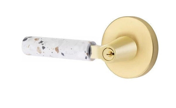 Emtek Select L-Square Terrazzo Lever with Disk Rosette in Satin Brass finish