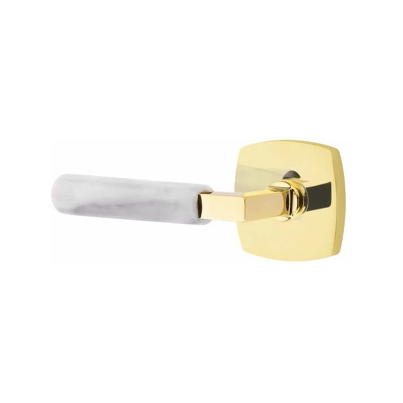Emtek Select L-Square White Marble Lever with Urban Modern Rosette in Unlacquered Brass finish