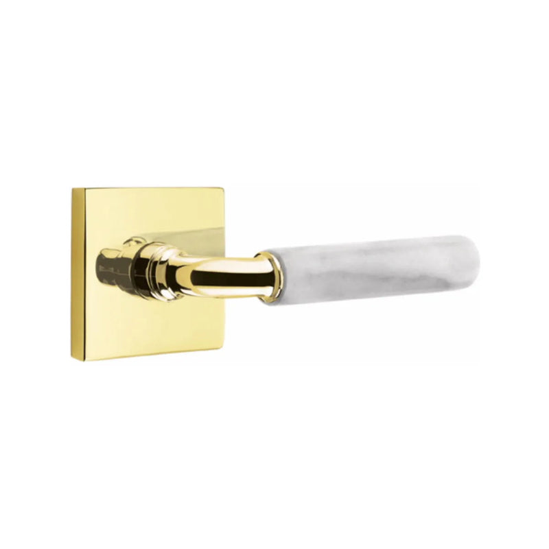 Emtek Select R-Bar White Marble Lever with Square Rosette in Unlacquered Brass finish