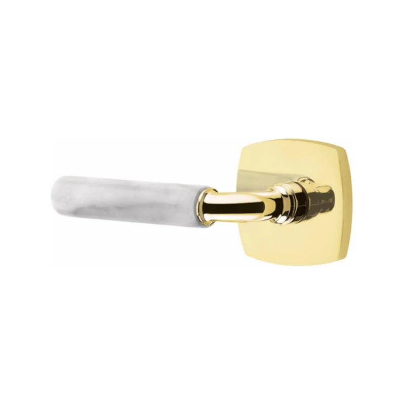 Emtek Select R-Bar White Marble Lever with Urban Modern Rosette in Unlacquered Brass finish
