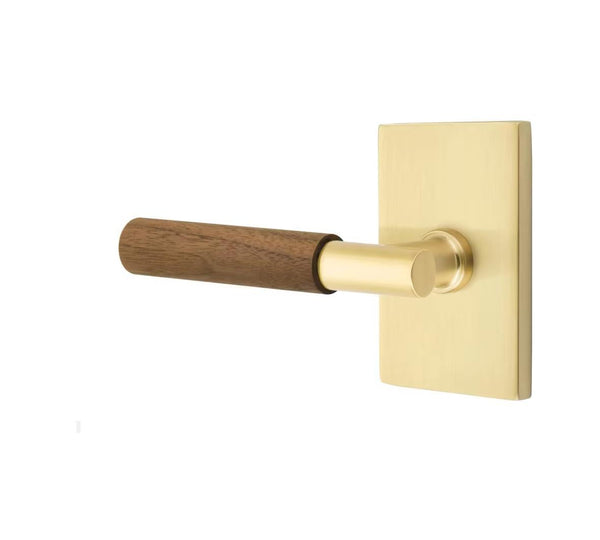 Emtek Select T-Bar Dark Walnut Lever with Modern Rectangular Rosette in Satin Brass finish