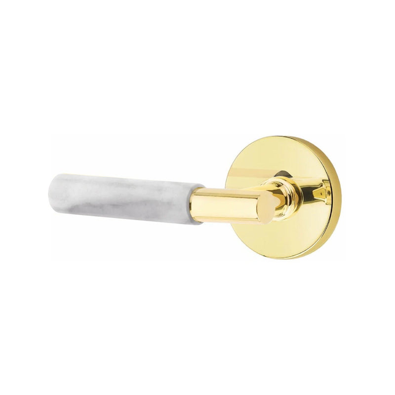 Emtek Select T-Bar White Marble Lever with Disk Rosette in Unlacquered Brass finish