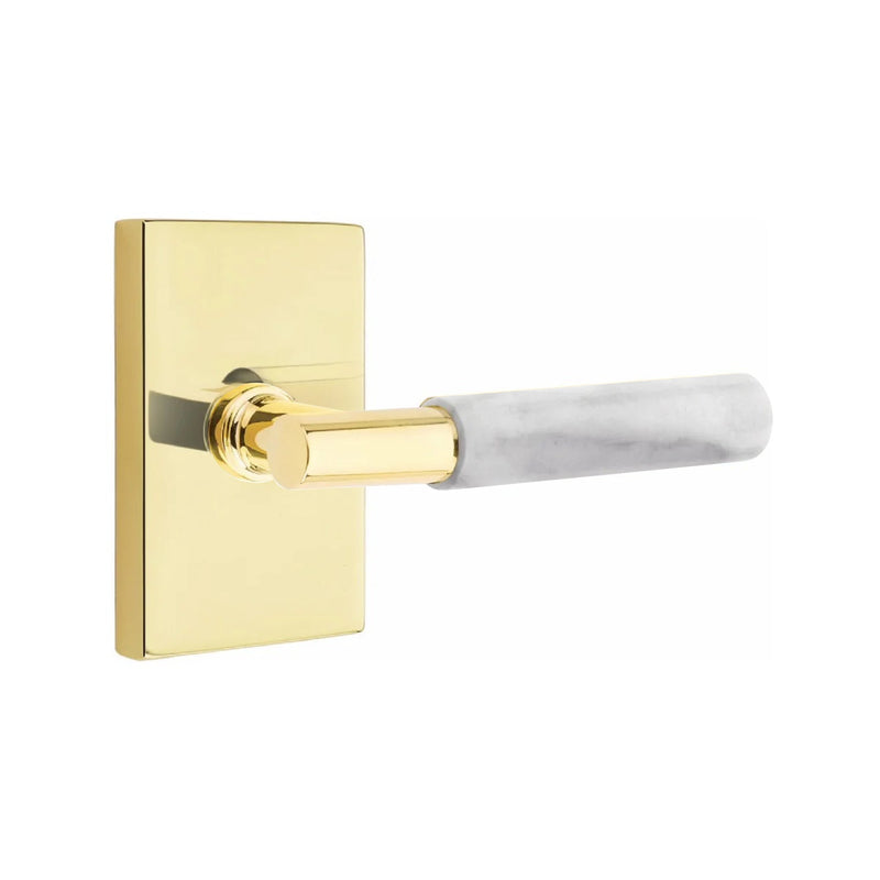 Emtek Select T-Bar White Marble Lever with Modern Rectangular Rosette in Unlacquered Brass finish