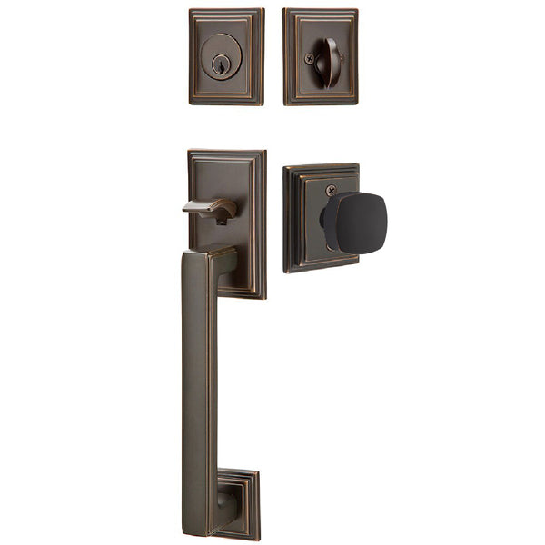 Emtek Single Cylinder Hamden Tubular Entrance Handleset With Freestone Square Knob in Oil Rubbed Bronze finish