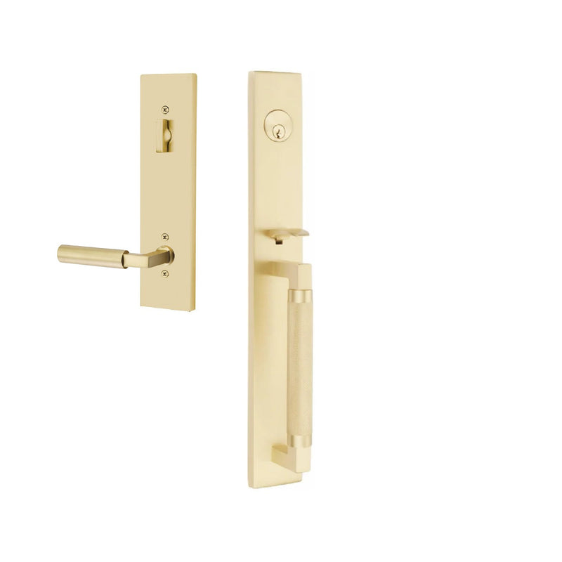 Emtek Single Cylinder Hercules Knurled Full Length Tubular Entry Set with Right Handed Hercules Lever in Satin Brass finish
