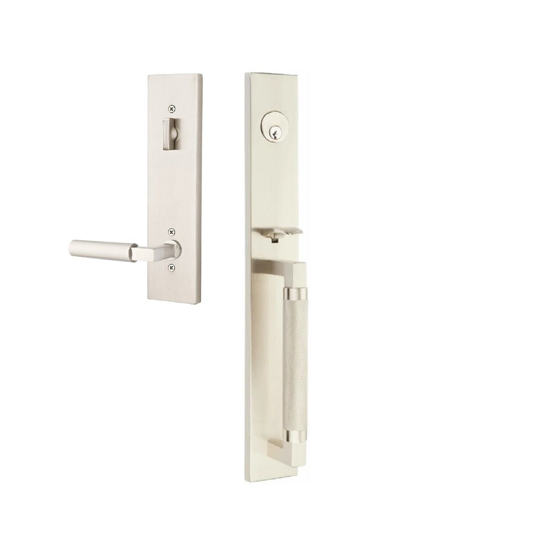 Emtek Single Cylinder Hercules Knurled Full Length Tubular Entry Set with Right Handed Hercules Lever in Satin Nickel finish