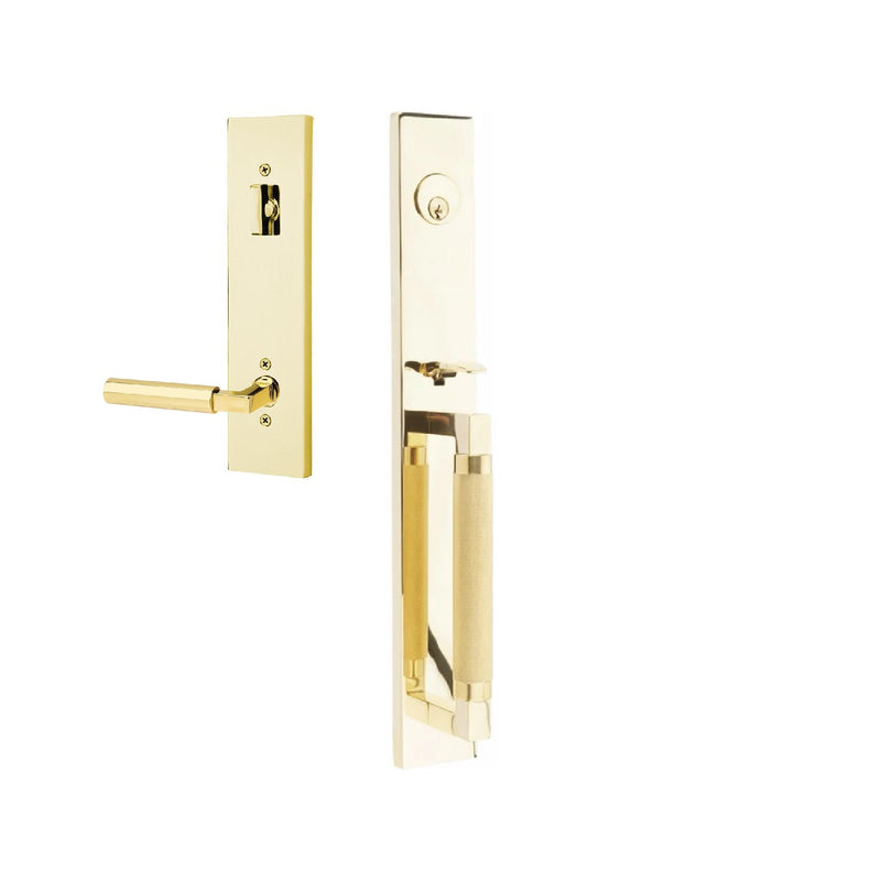 Emtek Single Cylinder Hercules Knurled Full Length Tubular Entry Set with Right Handed Hercules Lever in Unlacquered Brass finish