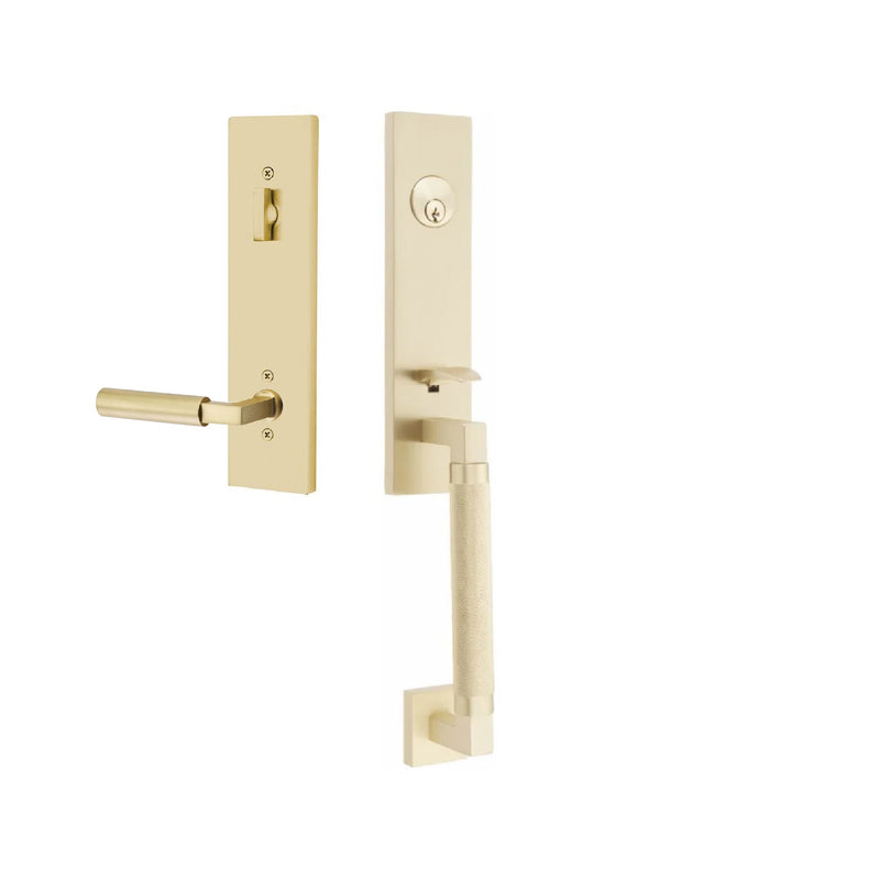 Emtek Single Cylinder Hercules Knurled Monolithic Tubular Entry Set with Right Handed Hercules Lever in Satin Brass finish
