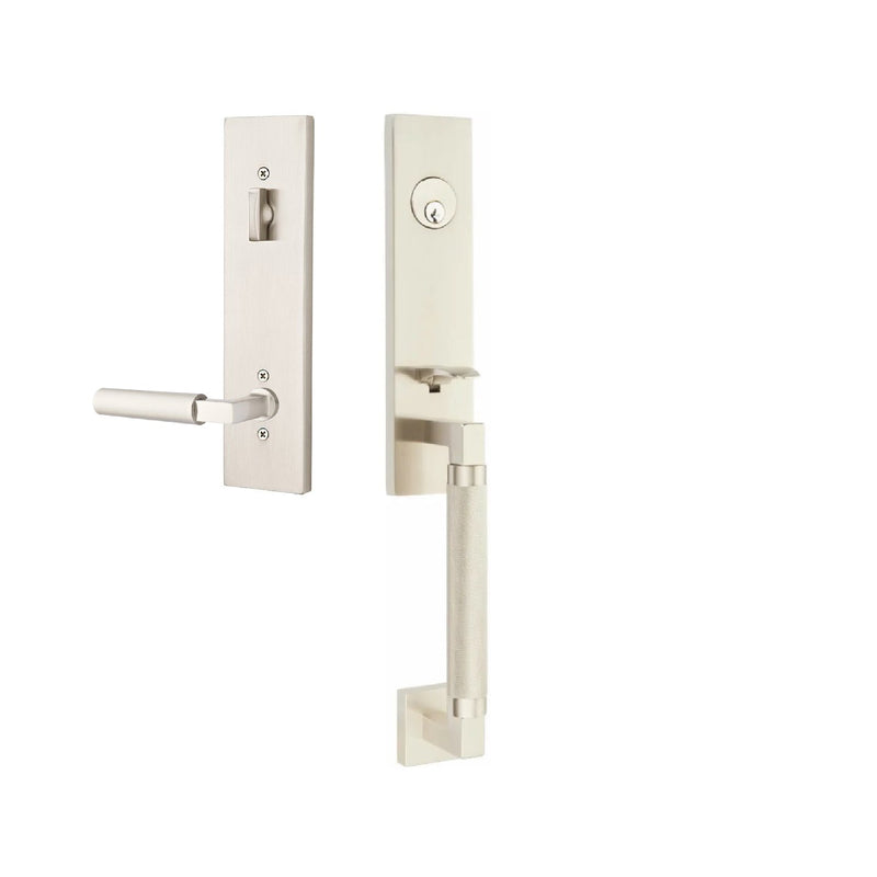 Emtek Single Cylinder Hercules Knurled Monolithic Tubular Entry Set with Right Handed Hercules Lever in Satin Nickel finish