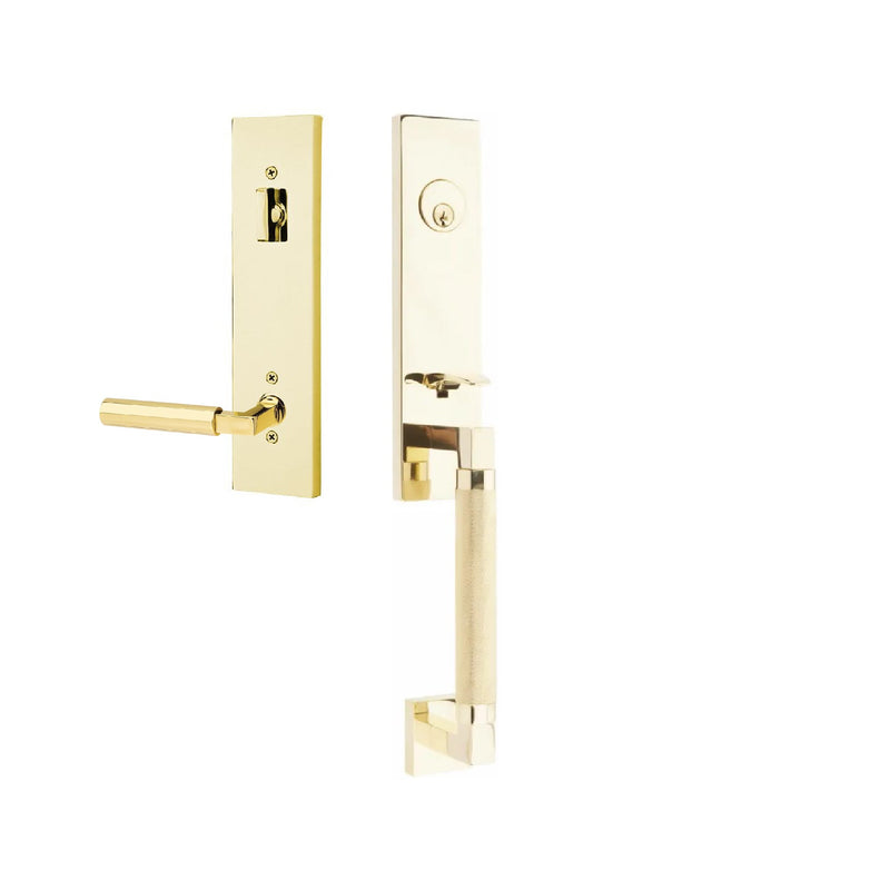 Emtek Single Cylinder Hercules Knurled Monolithic Tubular Entry Set with Right Handed Hercules Lever in Unlacquered Brass finish