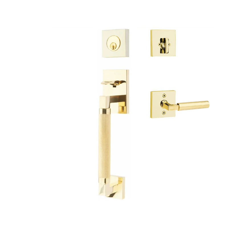 Emtek Single Cylinder Hercules Knurled Sectional Tubular Entry Set with Left Handed Hercules Lever in Unlacquered Brass finish