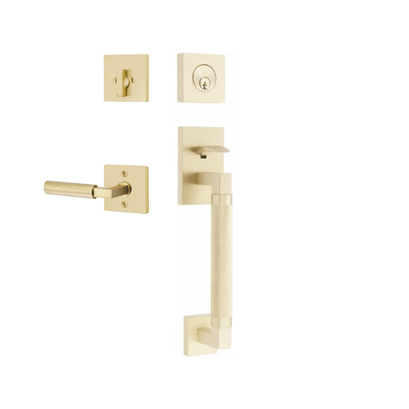 Emtek Single Cylinder Hercules Knurled Sectional Tubular Entry Set with Right Handed Hercules Lever in Satin Brass finish