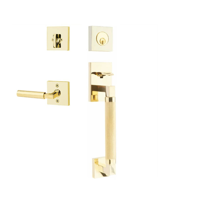 Emtek Single Cylinder Hercules Knurled Sectional Tubular Entry Set with Right Handed Hercules Lever in Unlacquered Brass finish