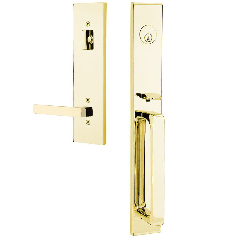 Emtek Single Cylinder Lausanne Entrance Handleset With Right Handed Dumont Lever in Unlacquered Brass finish