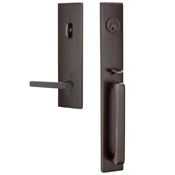Emtek Single Cylinder Lausanne Entrance Handleset With Right Handed Freestone Lever in Oil Rubbed Bronze finish