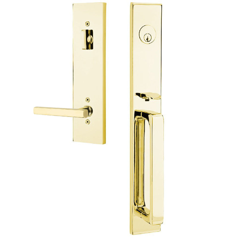 Emtek Single Cylinder Lausanne Entrance Handleset With Right Handed Freestone Lever in Unlacquered Brass finish