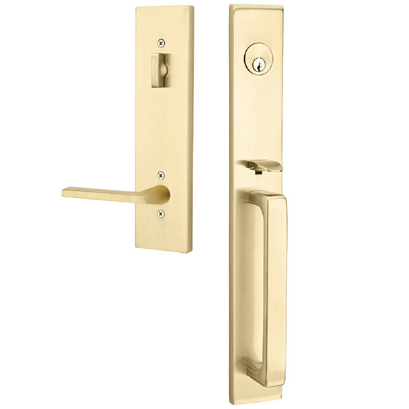 Emtek Single Cylinder Lausanne Entrance Handleset With Right Handed Helios Lever in Satin Brass finish