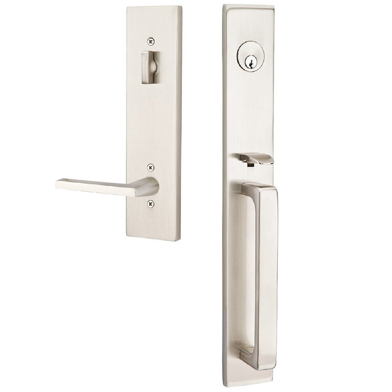 Emtek Single Cylinder Lausanne Entrance Handleset With Right Handed Helios Lever in Satin Nickel finish