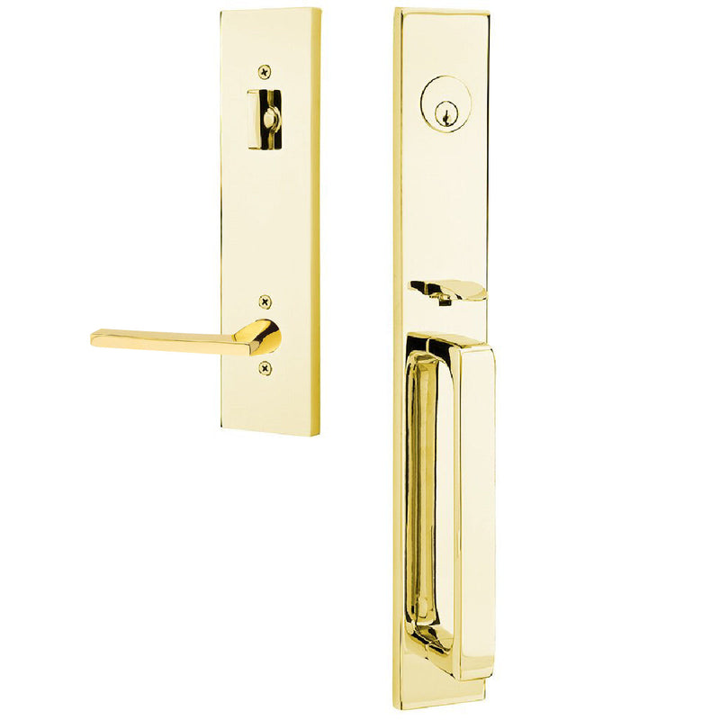 Emtek Single Cylinder Lausanne Entrance Handleset With Right Handed Helios Lever in Unlacquered Brass finish