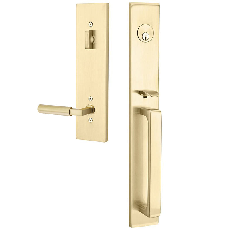Emtek Single Cylinder Lausanne Entrance Handleset With Right Handed Hercules Lever in Satin Brass finish