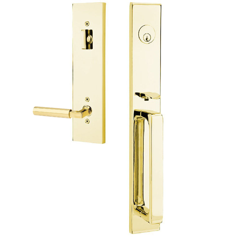 Emtek Single Cylinder Lausanne Entrance Handleset With Right Handed Hercules Lever in Unlacquered Brass finish
