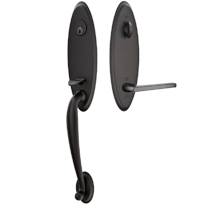 Emtek Single Cylinder Marietta Tubular Entrance Handleset With Left Handed Helios Lever in Flat Black finish