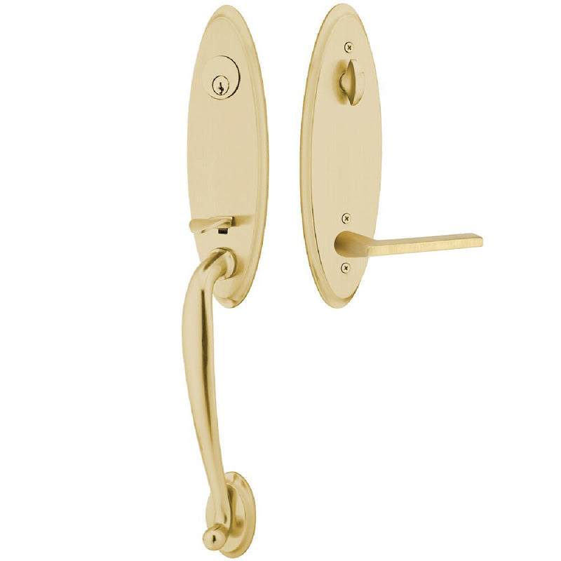 Emtek Single Cylinder Marietta Tubular Entrance Handleset With Left Handed Helios Lever in Satin Brass finish