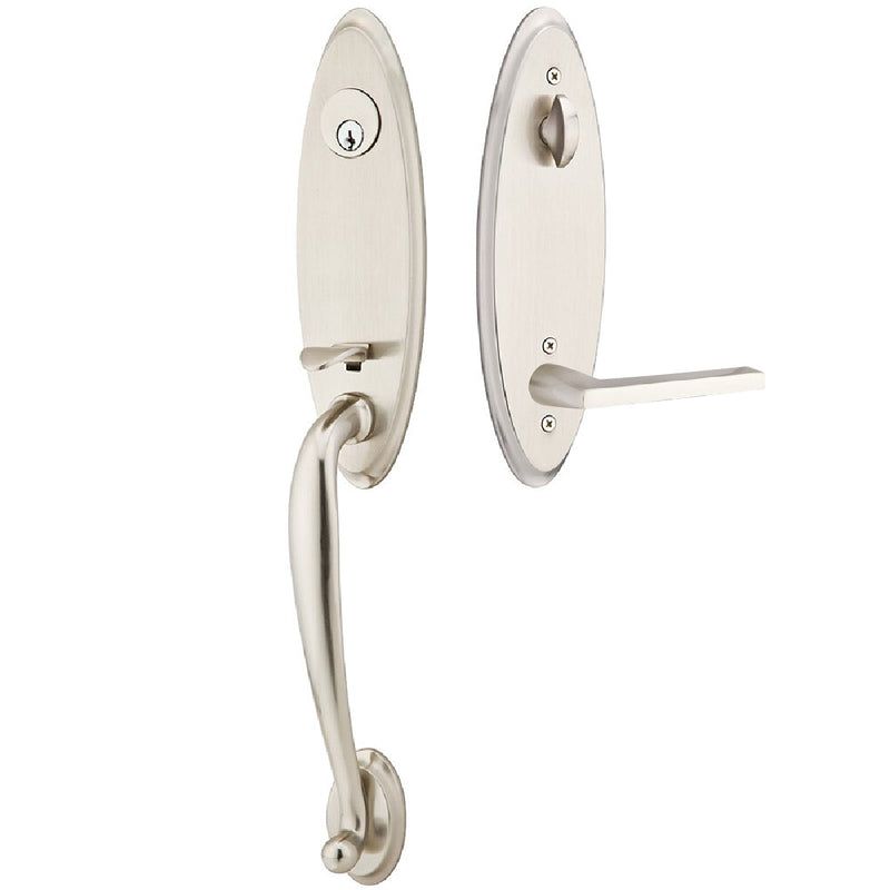 Emtek Single Cylinder Marietta Tubular Entrance Handleset With Left Handed Helios Lever in Satin Nickel finish