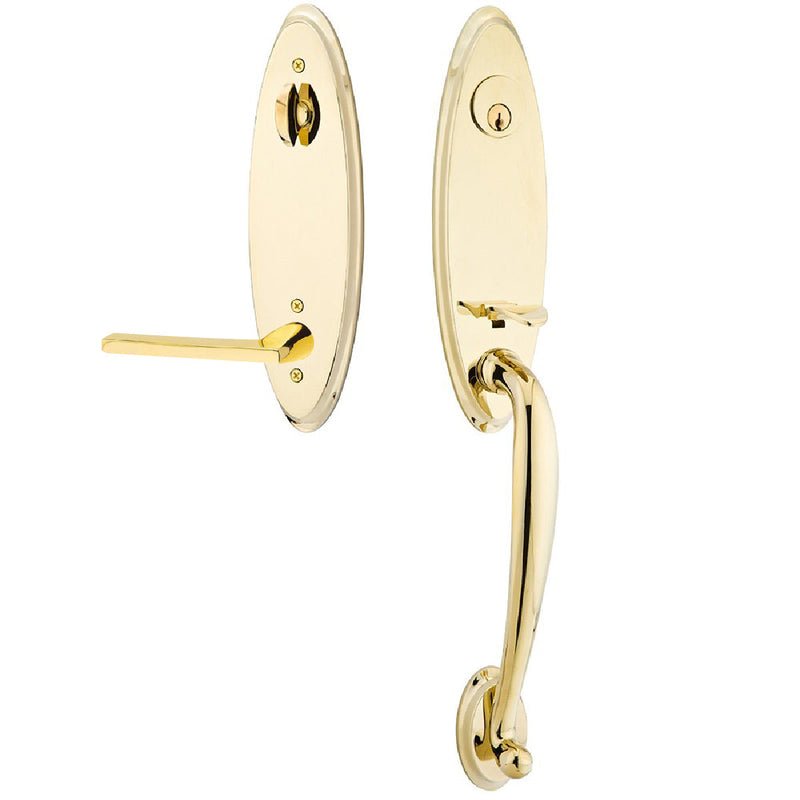 Emtek Single Cylinder Marietta Tubular Entrance Handleset With Right Handed Helios Lever in Unlacquered Brass finish
